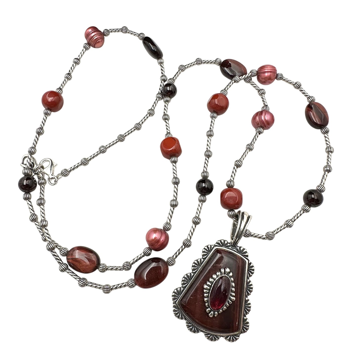 Carolyn Pollack Red Tigers Eye Pearl Sterling Silver Pendant Necklace 36"