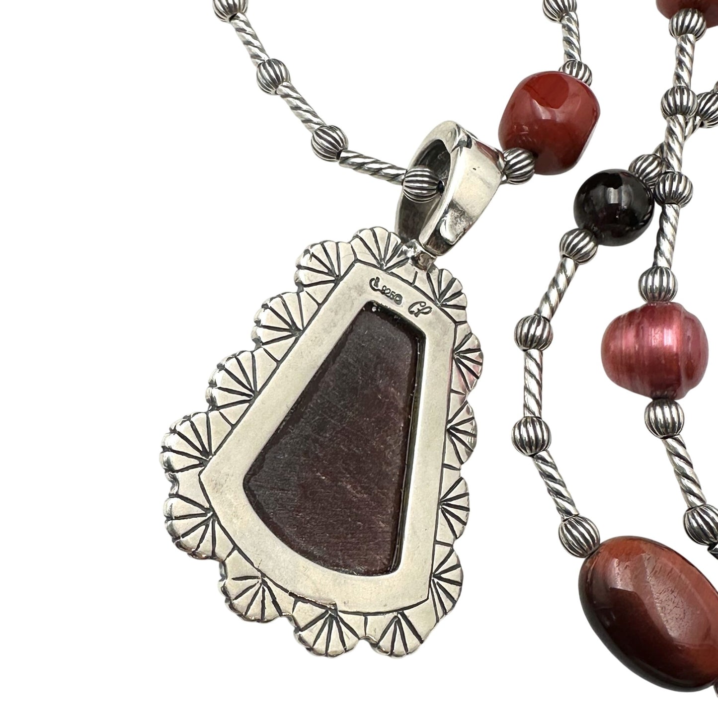 Carolyn Pollack Red Tigers Eye Pearl Sterling Silver Pendant Necklace 36"
