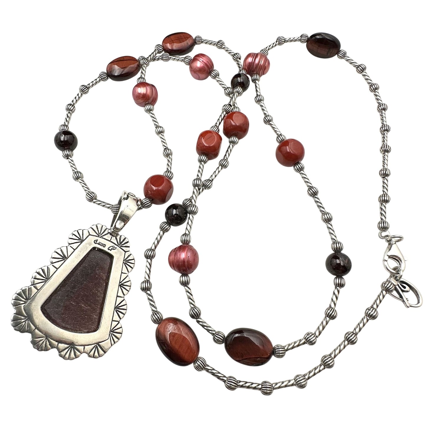 Carolyn Pollack Red Tigers Eye Pearl Sterling Silver Pendant Necklace 36"