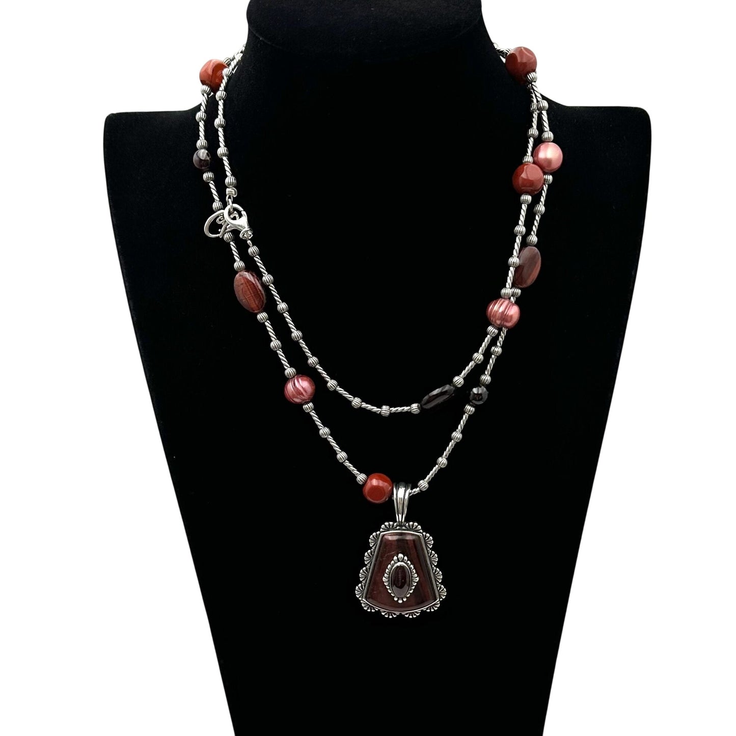 Carolyn Pollack Red Tigers Eye Pearl Sterling Silver Pendant Necklace 36"