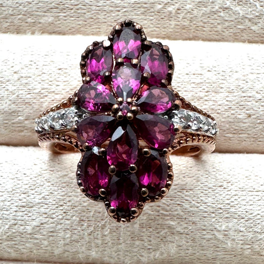 Chuck Clemency Ring Rhodolite Garnet & Topaz Rose Gold Plated Sterling Size 8
