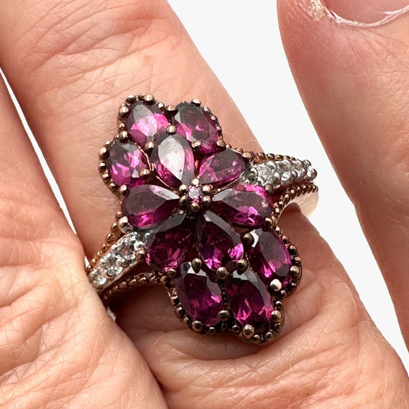 Chuck Clemency Ring Rhodolite Garnet & Topaz Rose Gold Plated Sterling Size 8