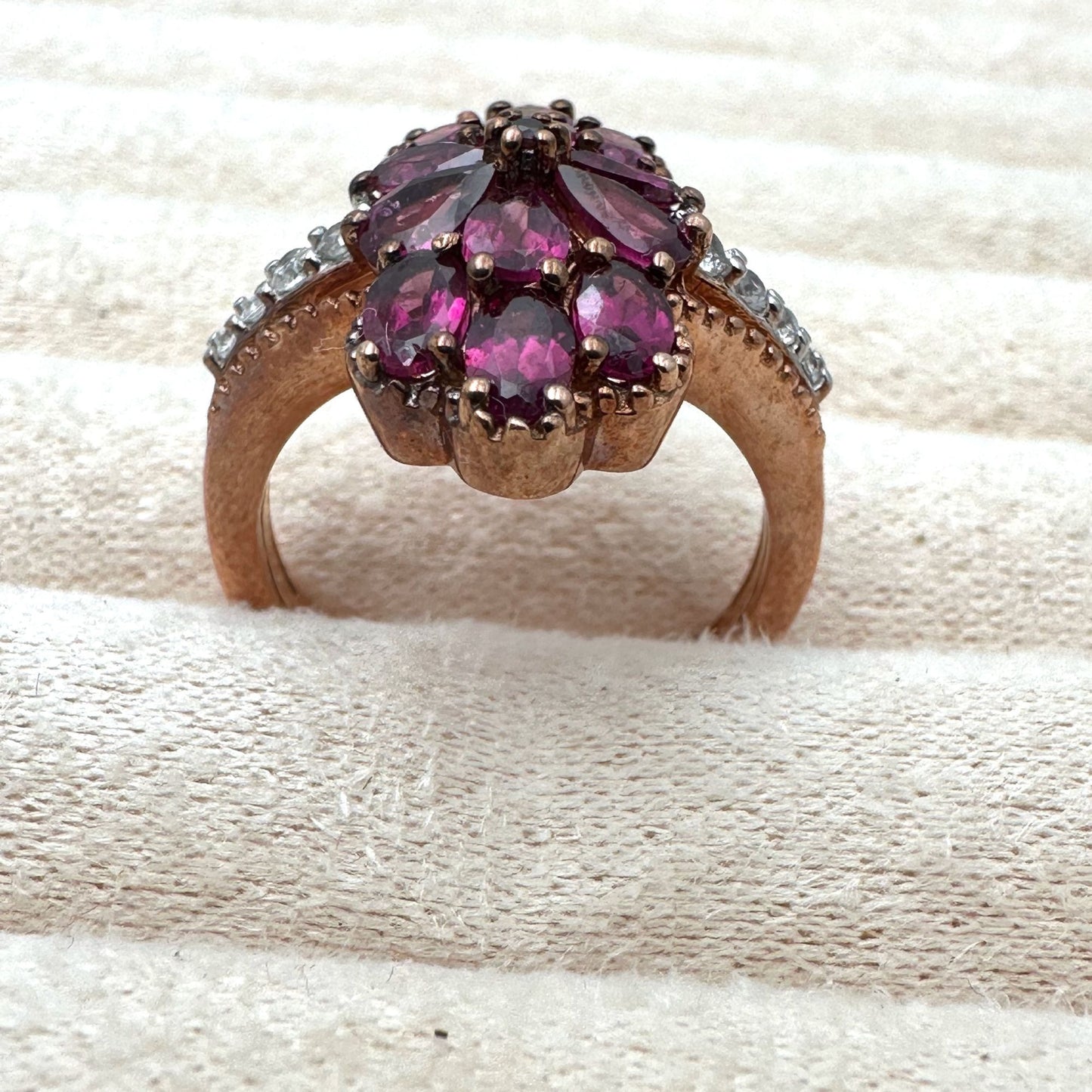Chuck Clemency Ring Rhodolite Garnet & Topaz Rose Gold Plated Sterling Size 8