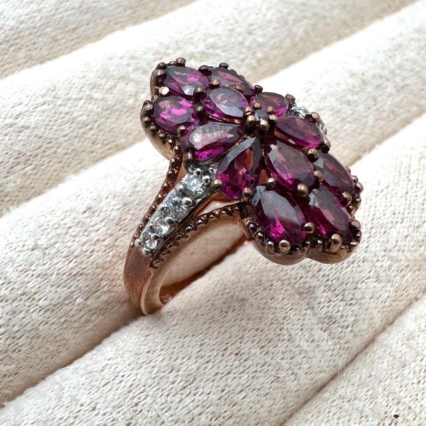 Chuck Clemency Ring Rhodolite Garnet & Topaz Rose Gold Plated Sterling Size 8