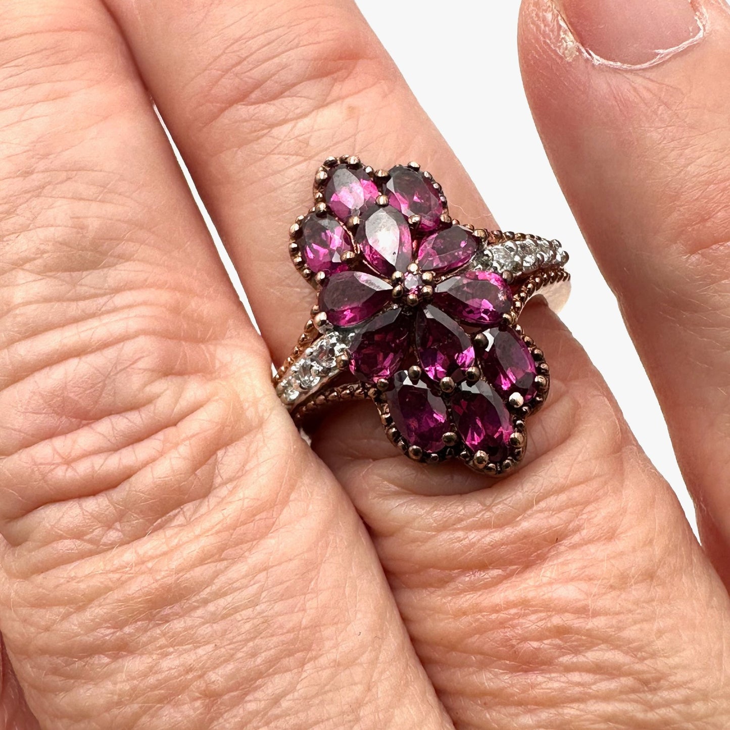 Chuck Clemency Ring Rhodolite Garnet & Topaz Rose Gold Plated Sterling Size 8