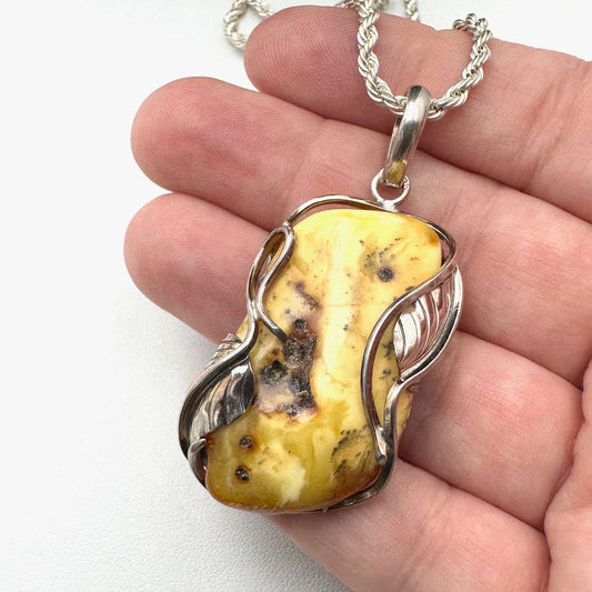 Vintage Natural Amber Sterling Silver 2 Inch Pendant Necklace 18 Inch Chain