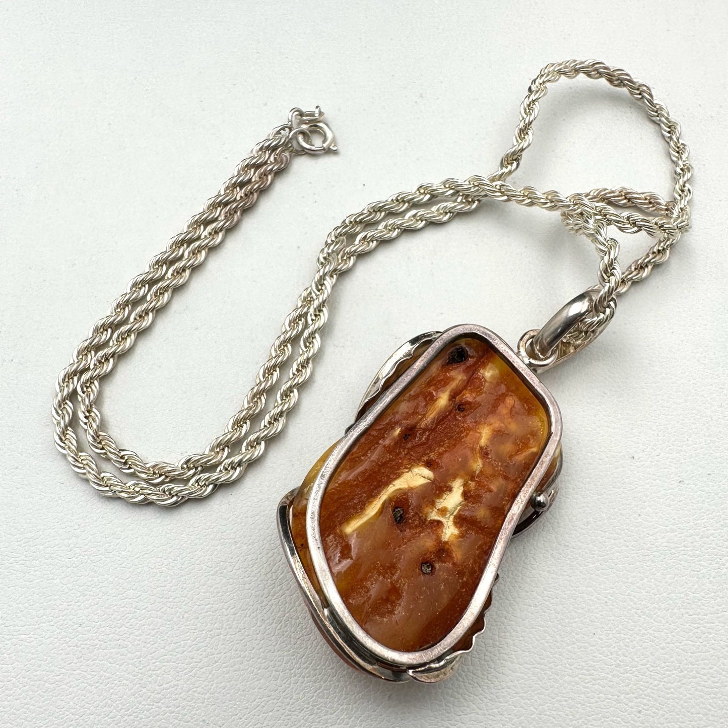 Vintage Natural Amber Sterling Silver 2 Inch Pendant Necklace 18 Inch Chain