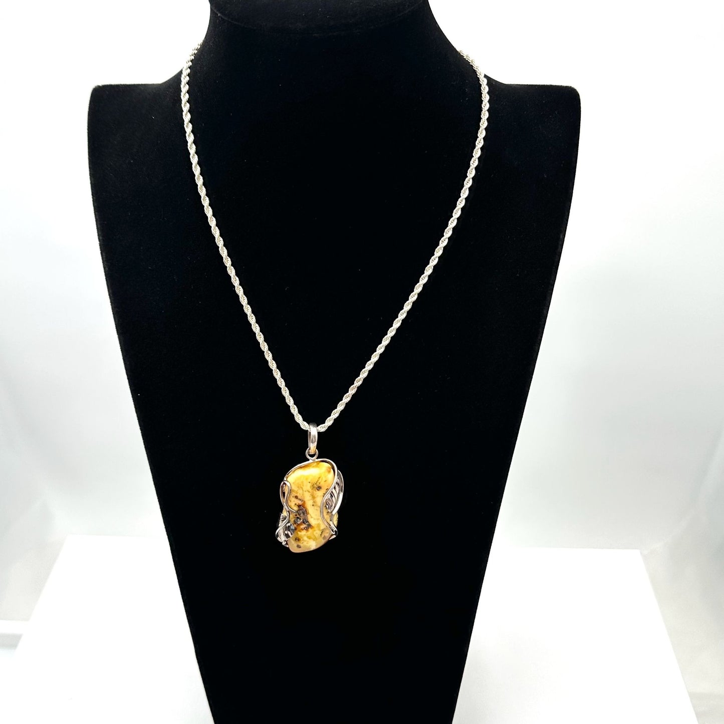 Vintage Natural Amber Sterling Silver 2 Inch Pendant Necklace 18 Inch Chain