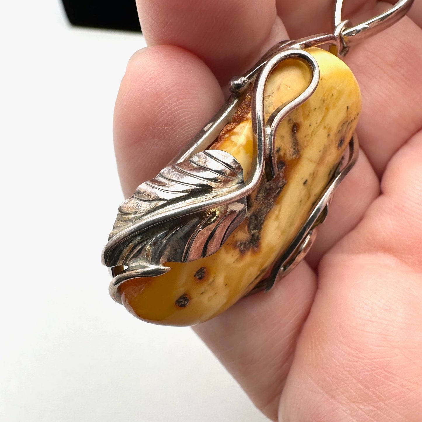 Vintage Natural Amber Sterling Silver 2 Inch Pendant Necklace 18 Inch Chain
