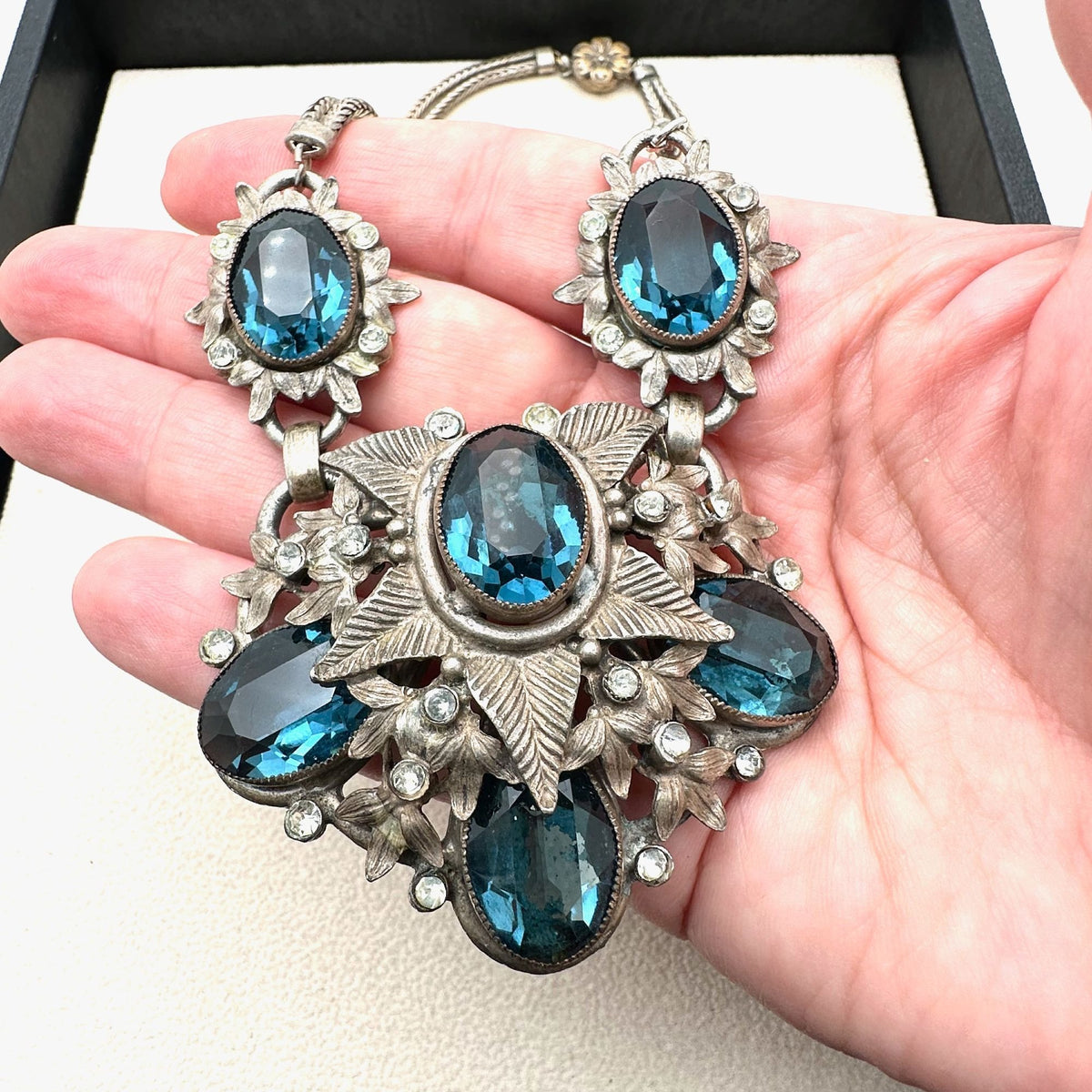 Antique Art Deco Blue Glass Stone Silver Pot Metal Stunning Rare Estate Find!