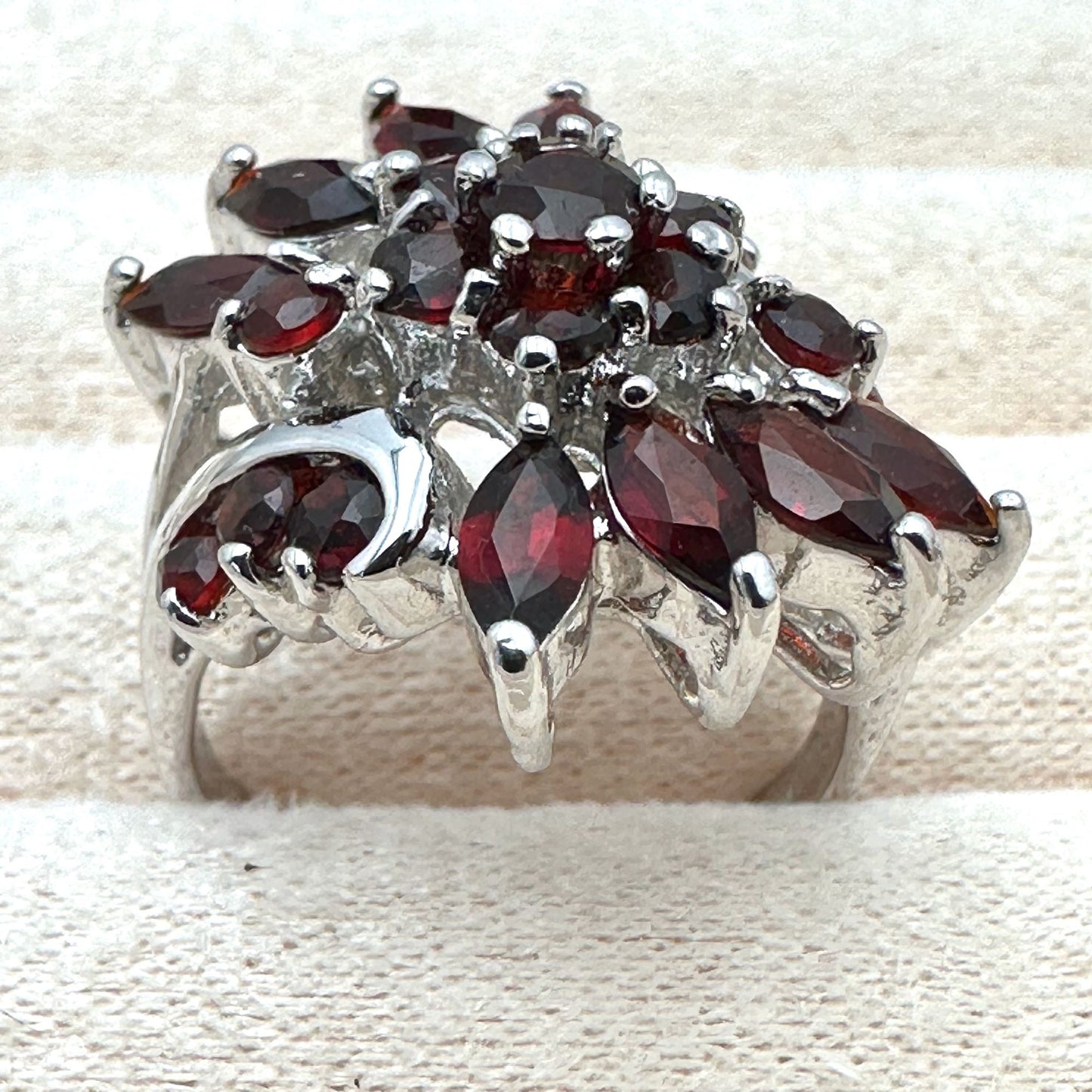 Garnet Cluster Ring Sterling Silver Size 8 Statement Jewelry