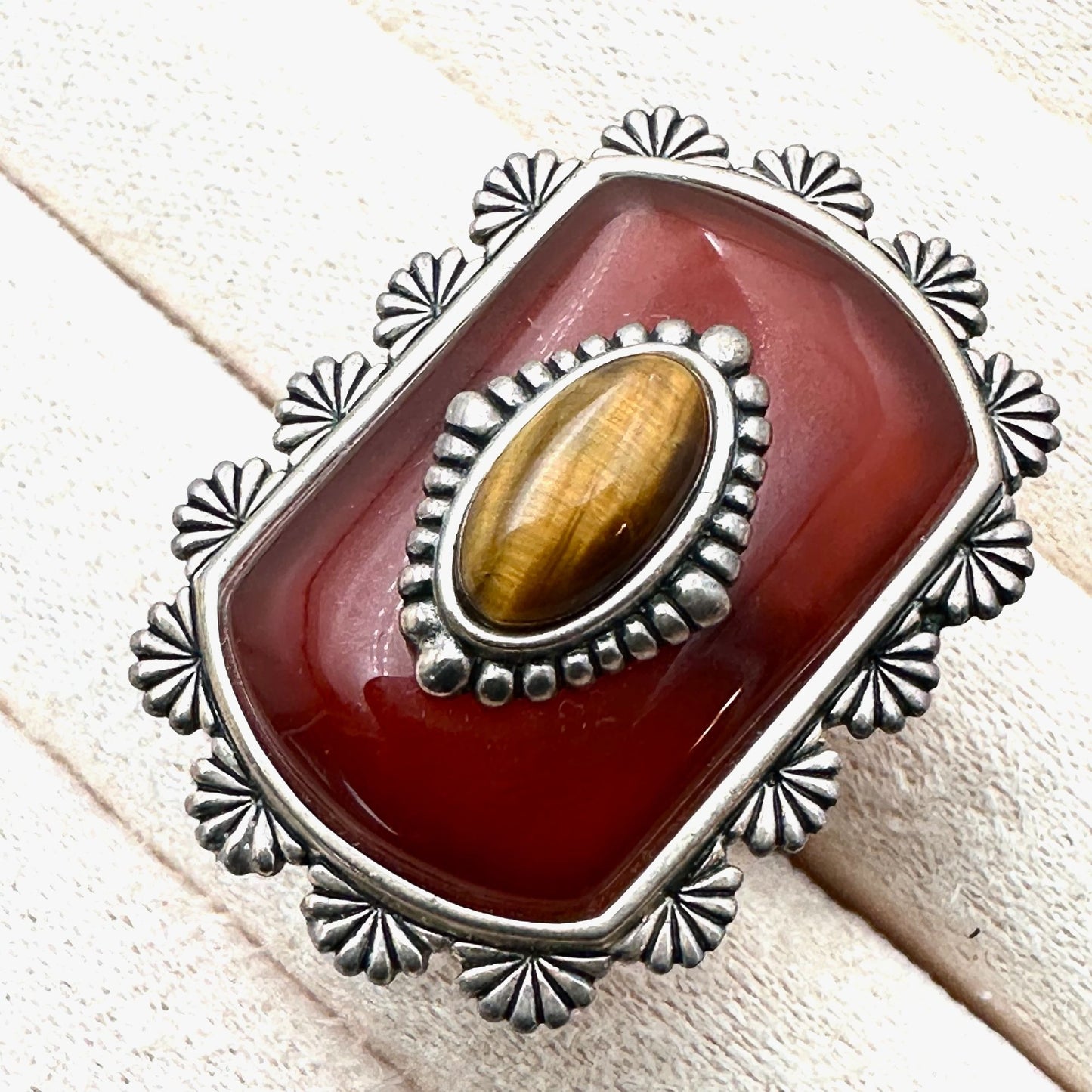 Carolyn Pollack Relios Red Carnelian Tigers Eye Sterling Silver Ring Size 6