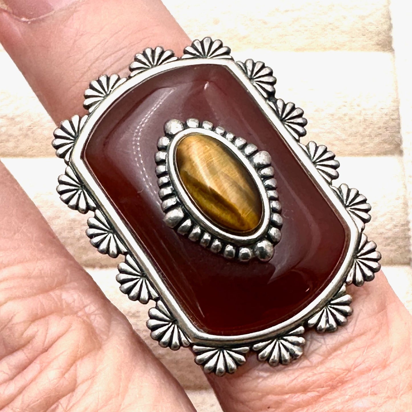 Carolyn Pollack Relios Red Carnelian Tigers Eye Sterling Silver Ring Size 6