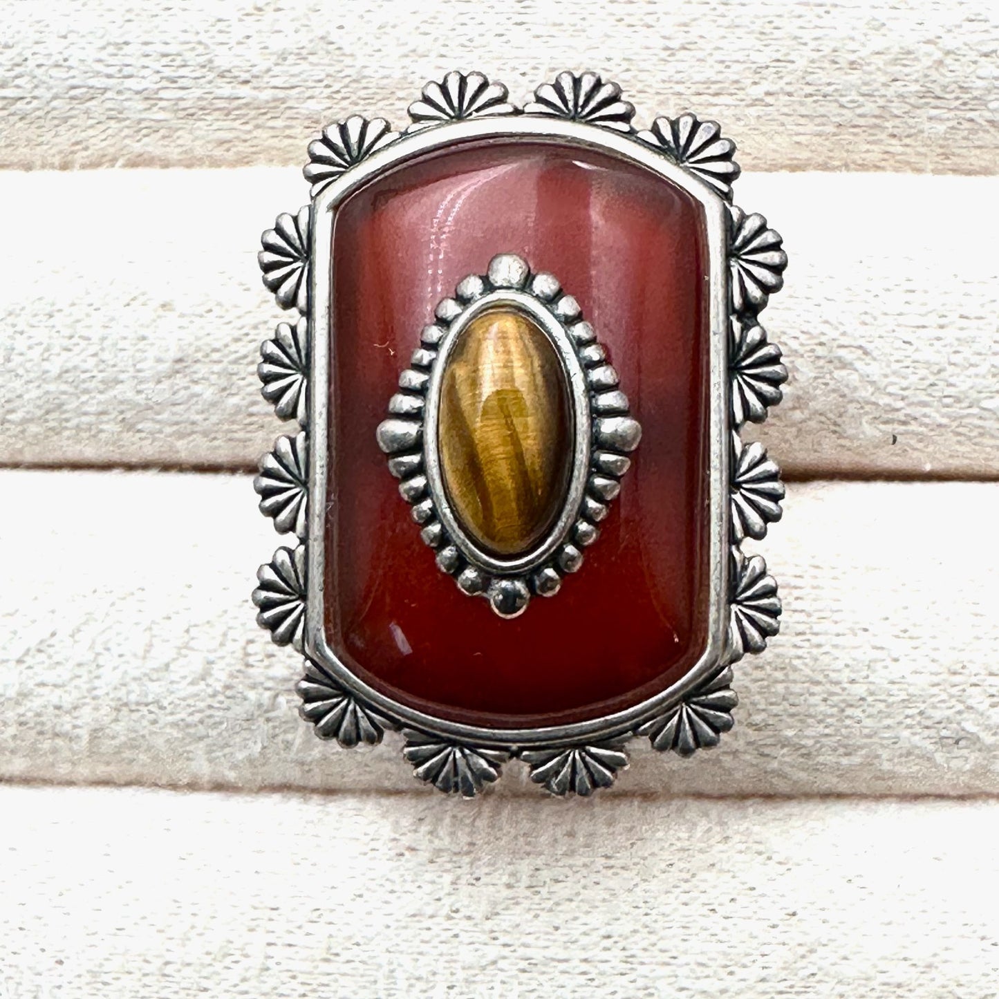 Carolyn Pollack Relios Red Carnelian Tigers Eye Sterling Silver Ring Size 6