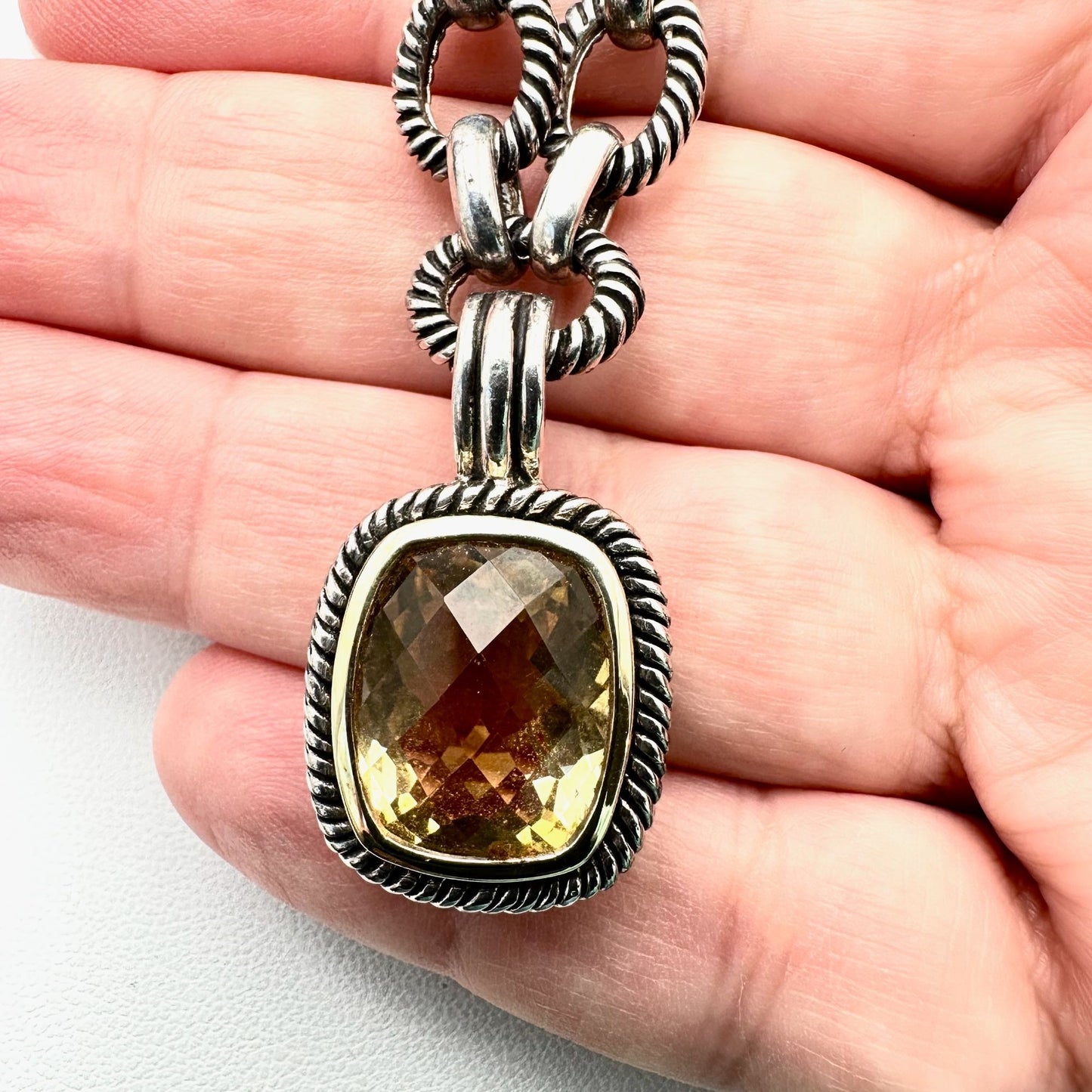 Topaz Sterling Silver Pendant Necklace 18 Inch Heavy Ribbed Chain 58 Grams