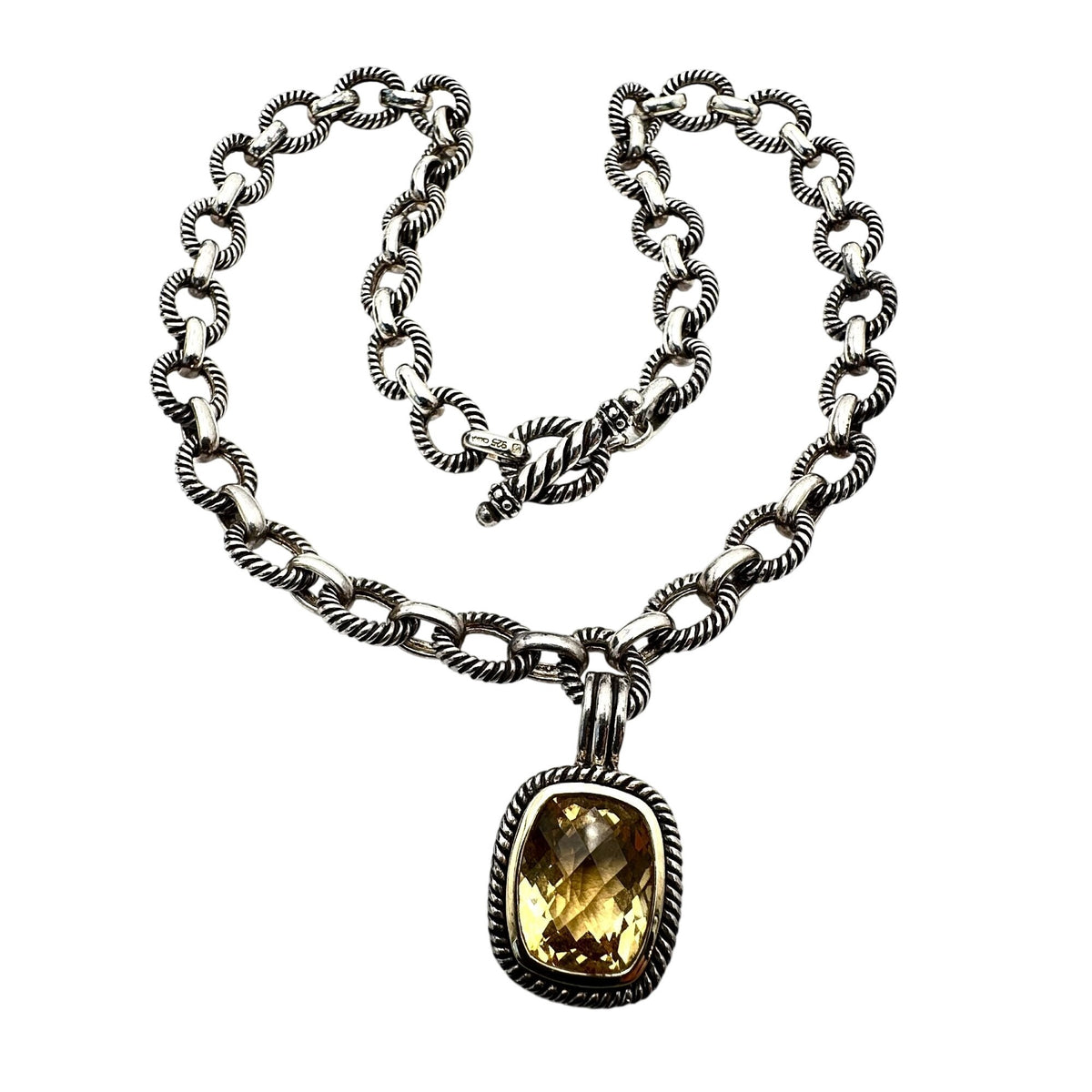 Topaz Sterling Silver Pendant Necklace 18 Inch Heavy Ribbed Chain 58 Grams