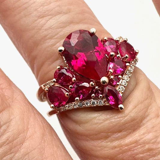 Pear-Cut Ruby Diamond Ring Rose Gold Plated Sterling Silver Size 8.5