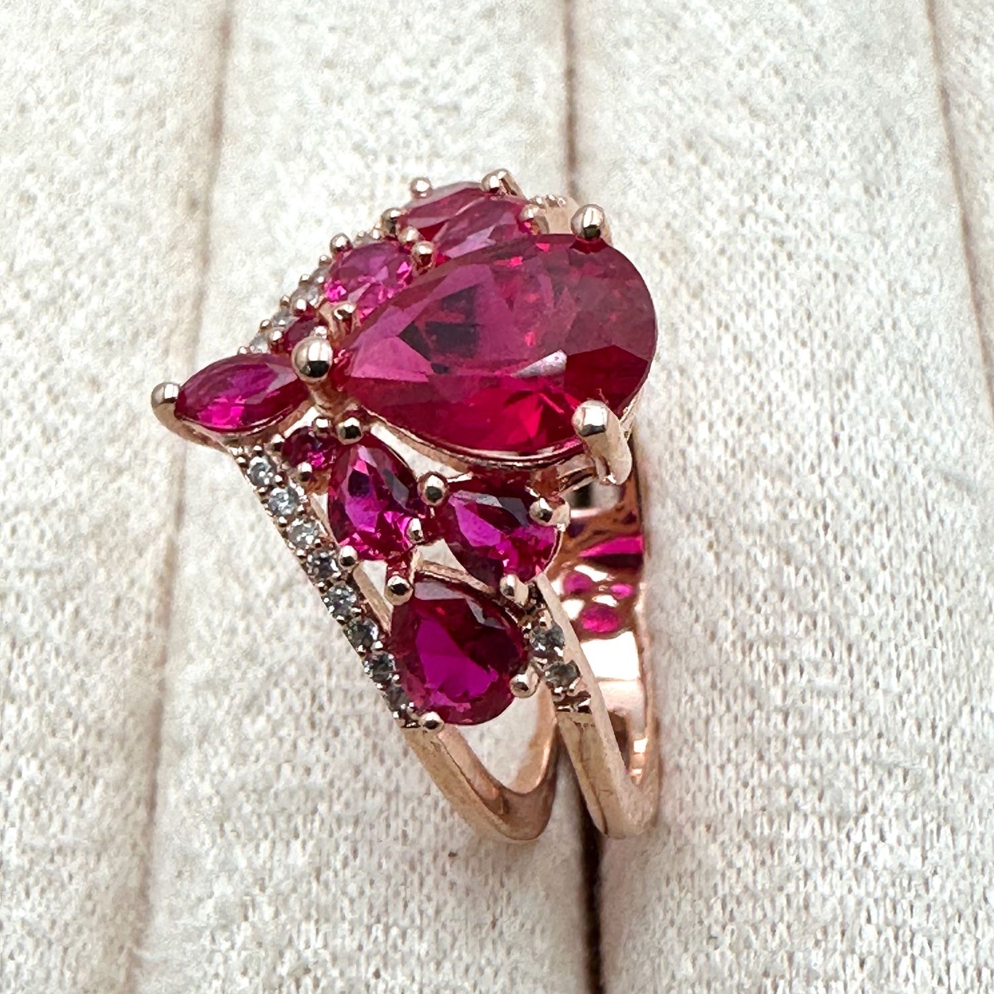 Pear-Cut Ruby Diamond Ring Rose Gold Plated Sterling Silver Size 8.5