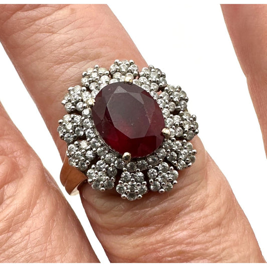 Chuck Clemency Ruby Diamond Cluster Ring Gold Plated Sterling Silver Size 8 Vintage
