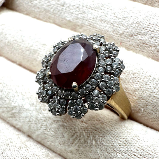 Chuck Clemency Ruby Diamond Cluster Ring Gold Plated Sterling Silver Size 8 Vintage