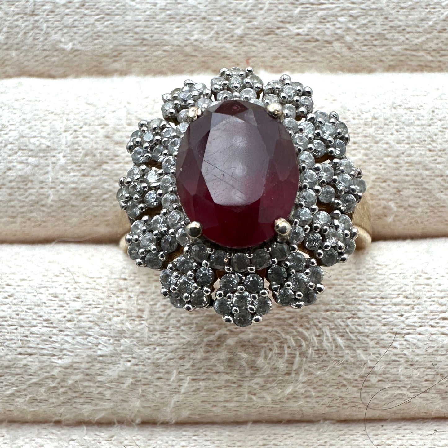 Chuck Clemency Ruby Diamond Cluster Ring Gold Plated Sterling Silver Size 8 Vintage