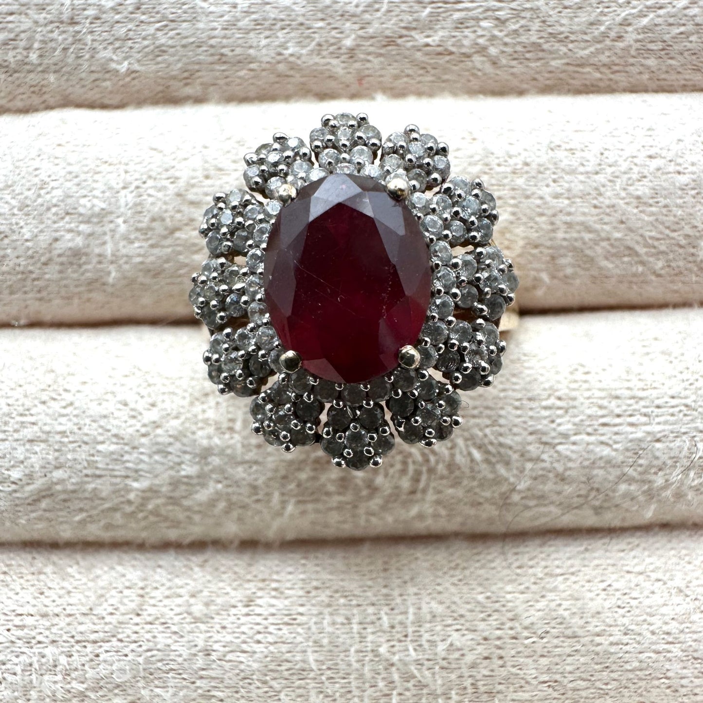 Chuck Clemency Ruby Diamond Cluster Ring Gold Plated Sterling Silver Size 8 Vintage