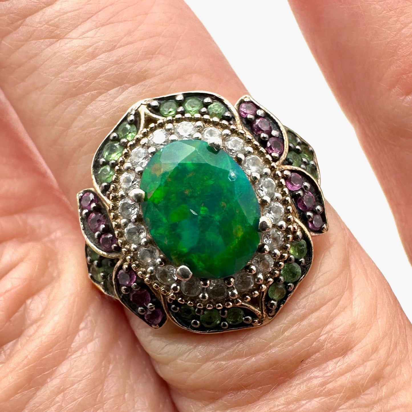 Opal Diamond Multi Gemstone Ring Gold Plated Sterling Silver Size 8