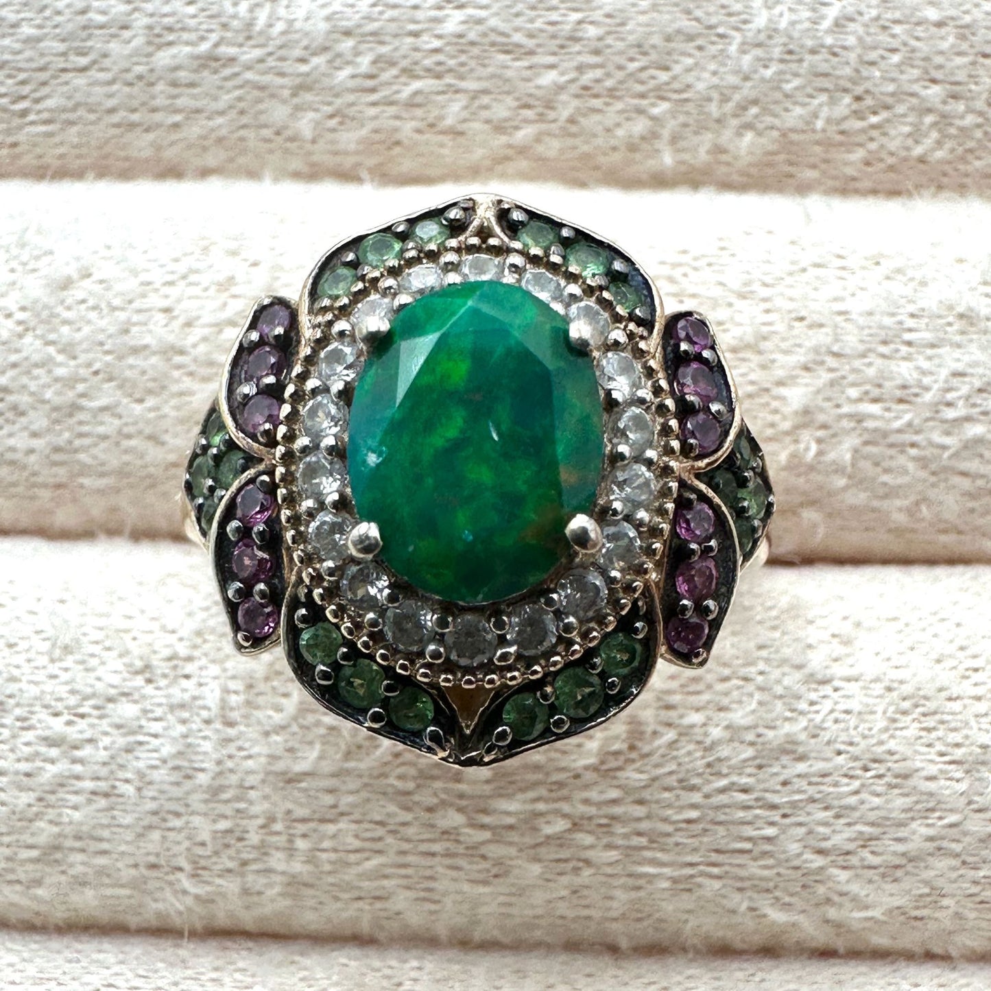 Opal Diamond Multi Gemstone Ring Gold Plated Sterling Silver Size 8
