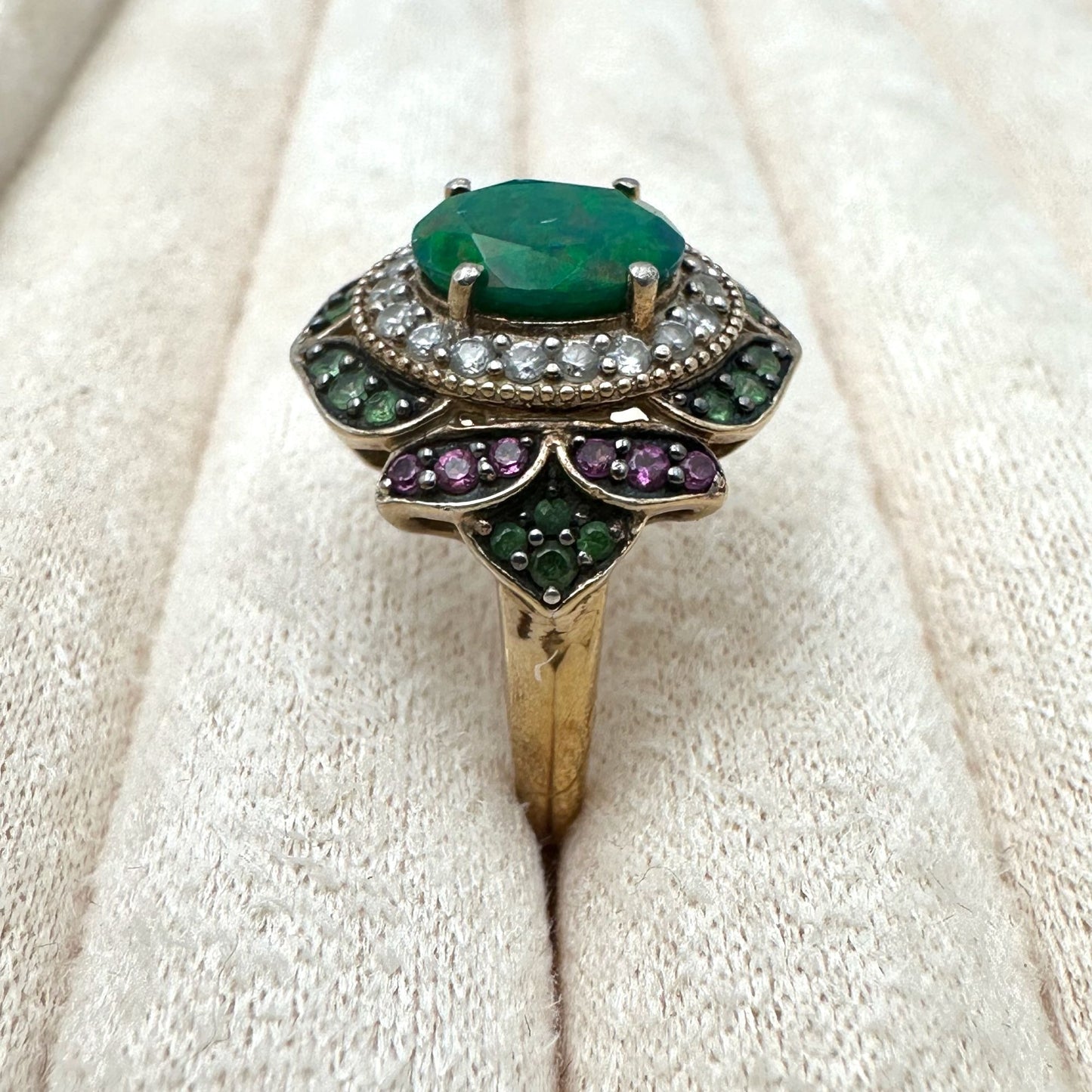 Opal Diamond Multi Gemstone Ring Gold Plated Sterling Silver Size 8