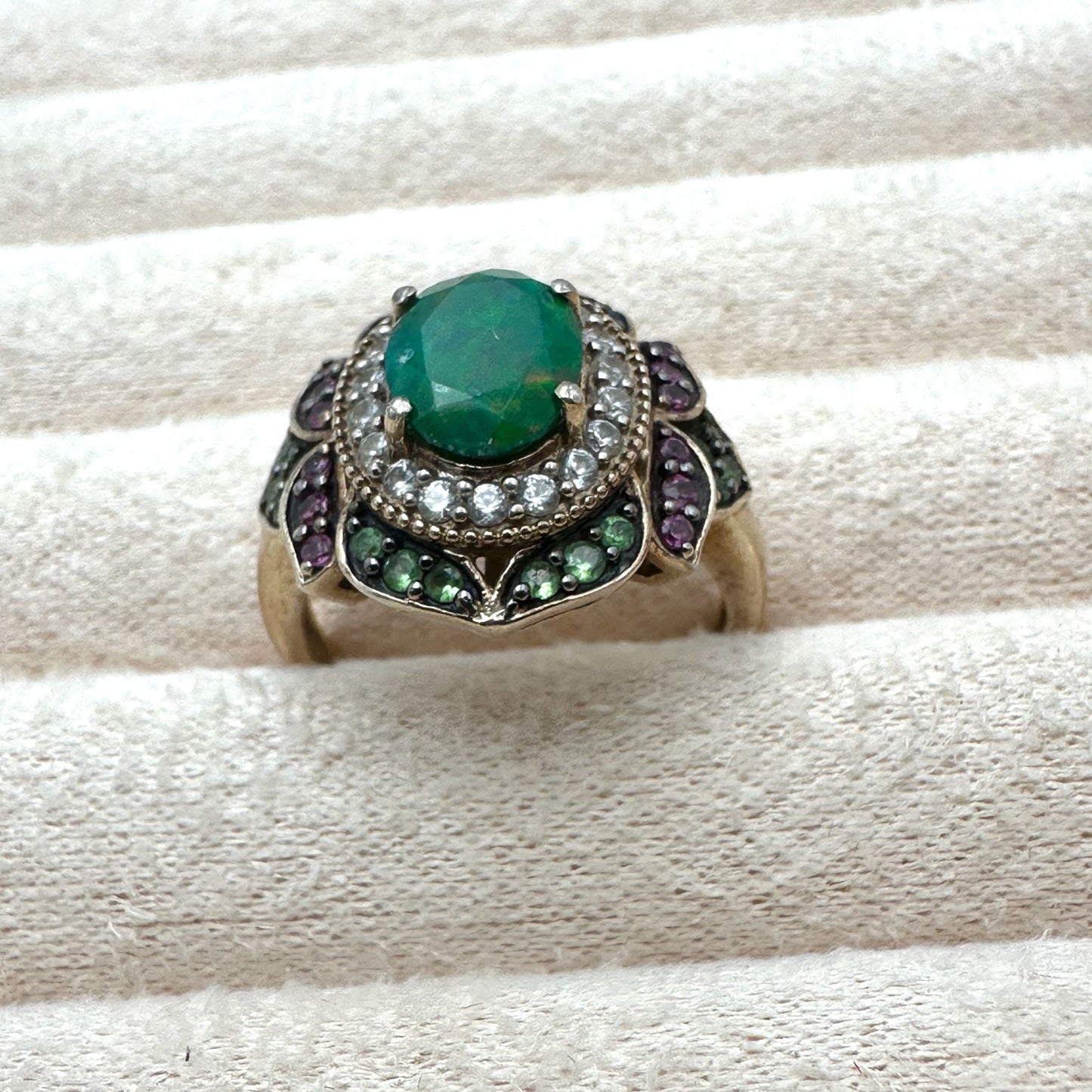 Opal Diamond Multi Gemstone Ring Gold Plated Sterling Silver Size 8