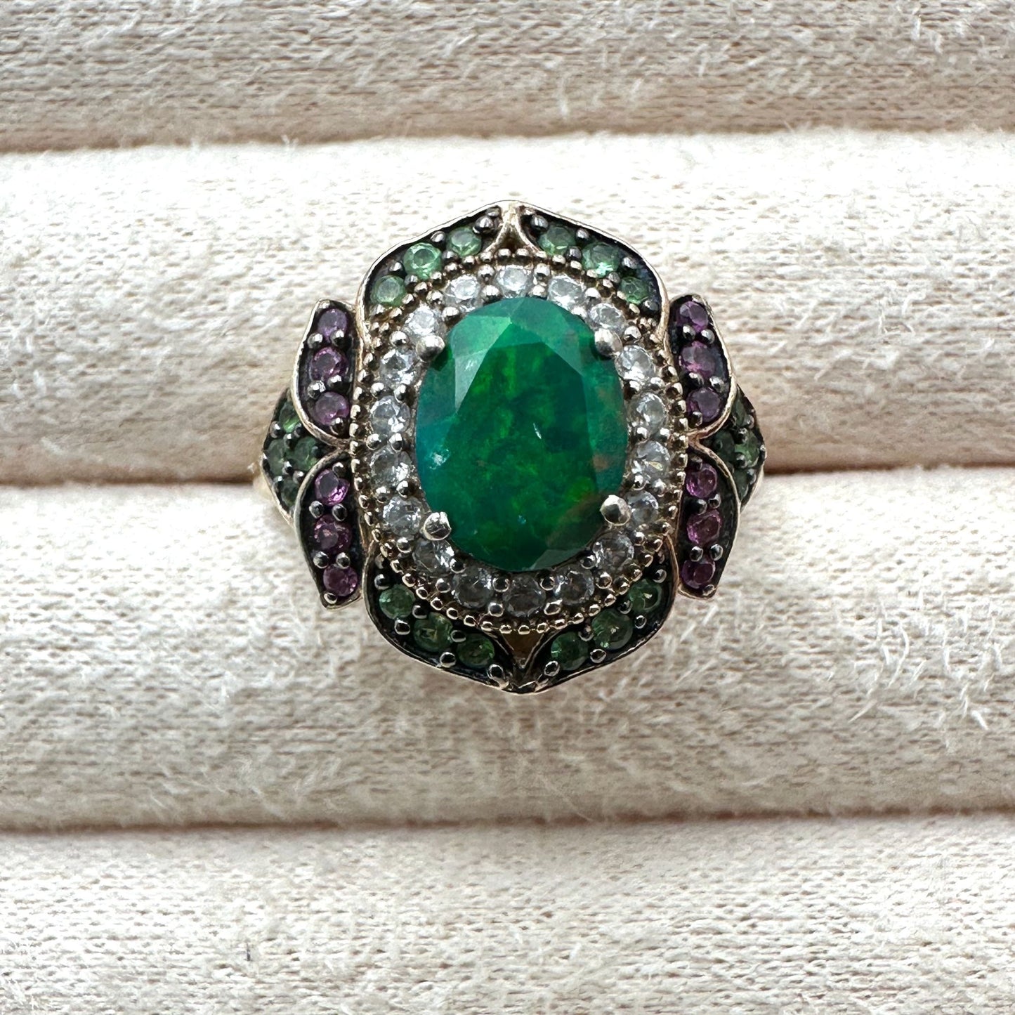 Opal Diamond Multi Gemstone Ring Gold Plated Sterling Silver Size 8