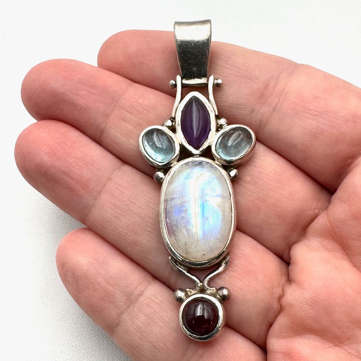 Amethyst Moonstone Multi Gemstone Sterling Silver Pendant 2.5"