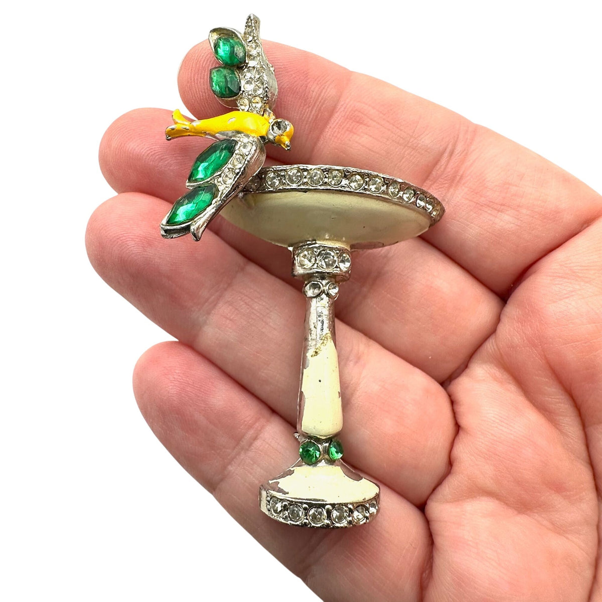 Vintage Antique Art Deco Rhinestone Enamel Silver Pot Metal Bird And Bird Bath