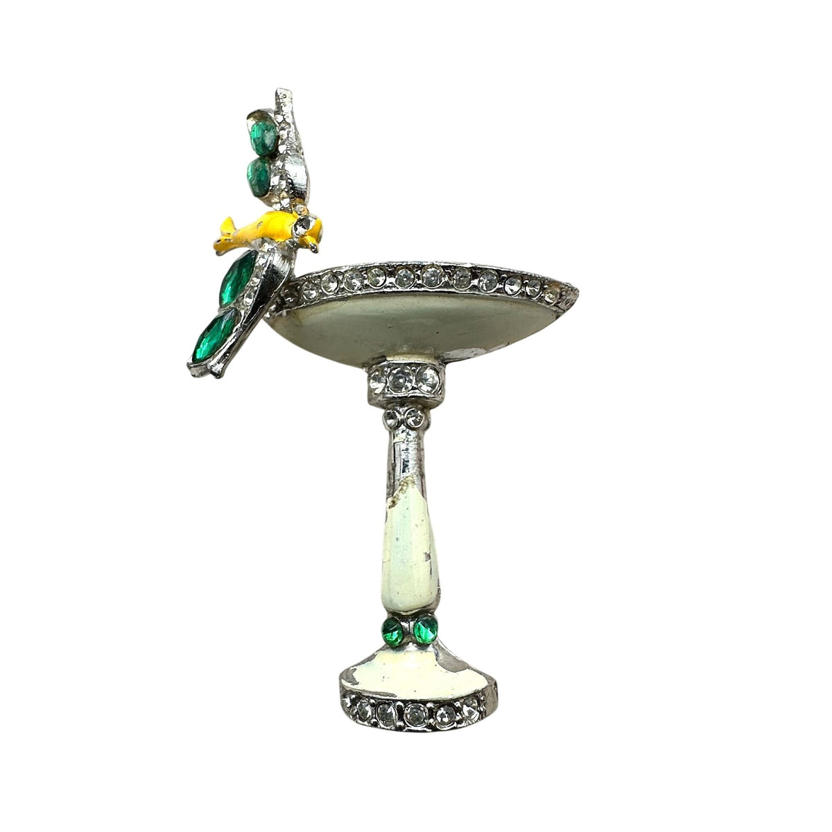 Vintage Antique Art Deco Rhinestone Enamel Silver Pot Metal Bird And Bird Bath