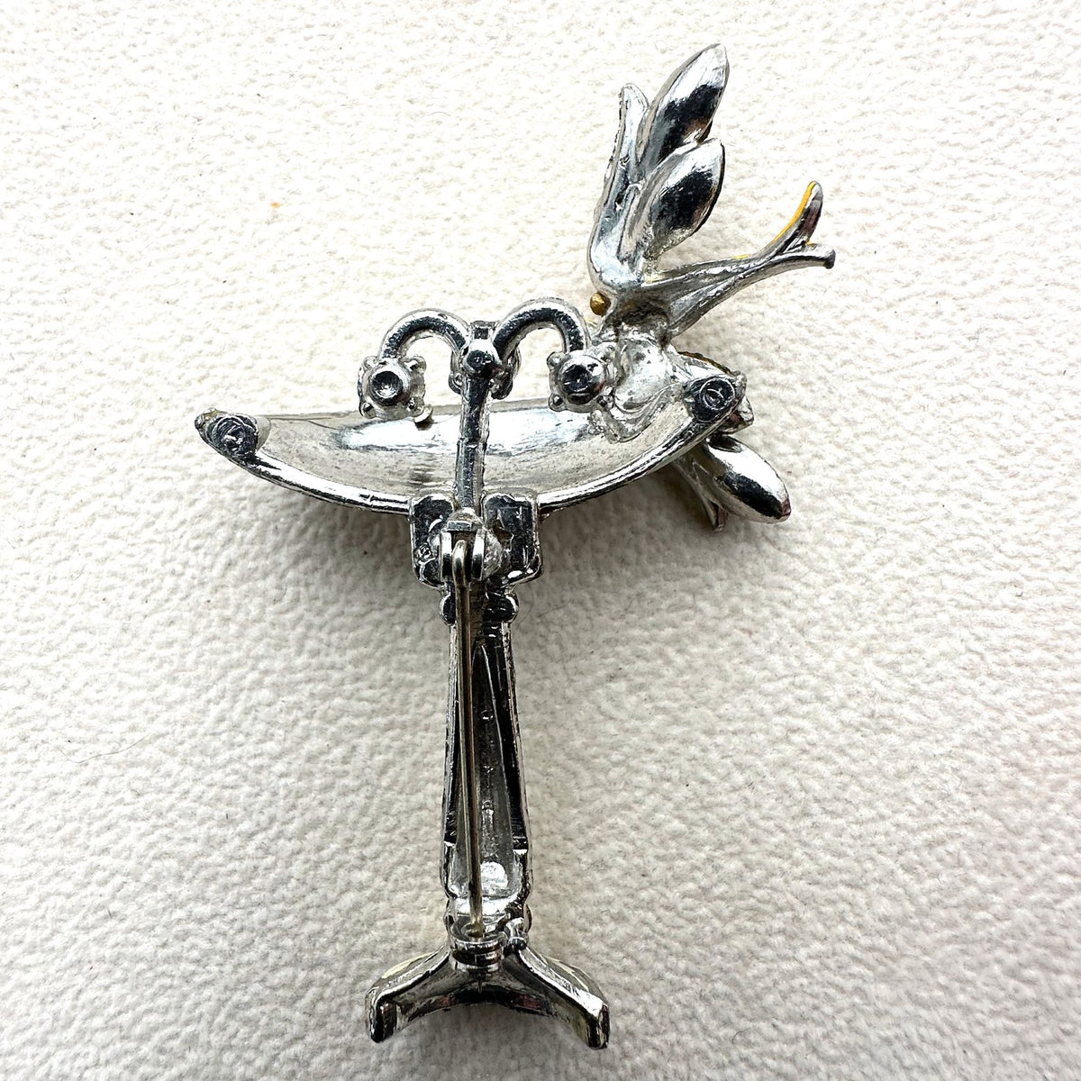 Vintage Antique Art Deco Rhinestone Enamel Silver Pot Metal Bird And Bird Bath