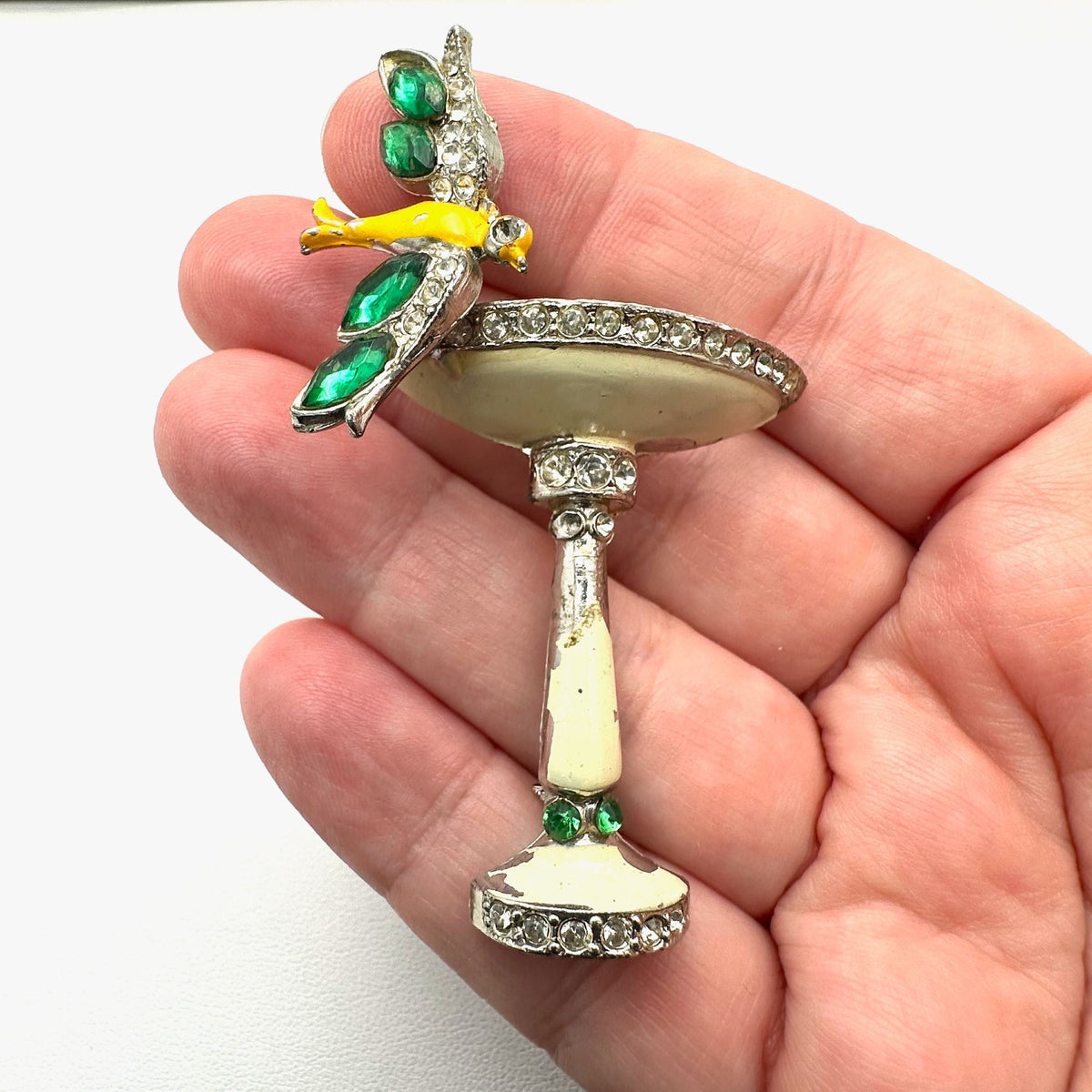 Vintage Antique Art Deco Rhinestone Enamel Silver Pot Metal Bird And Bird Bath