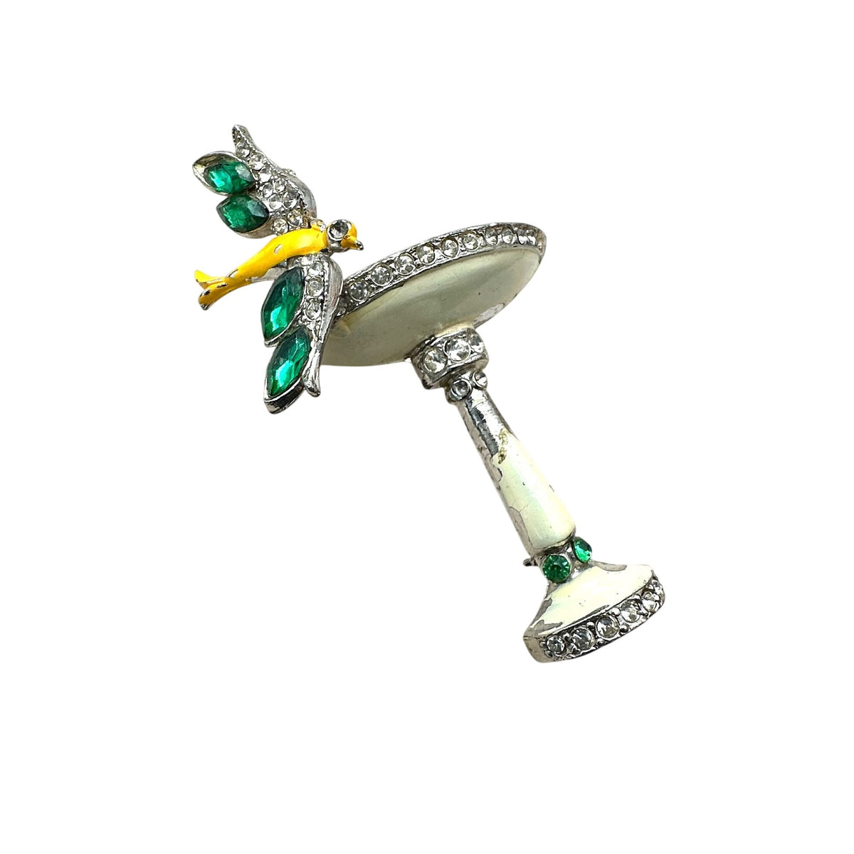 Vintage Antique Art Deco Rhinestone Enamel Silver Pot Metal Bird And Bird Bath
