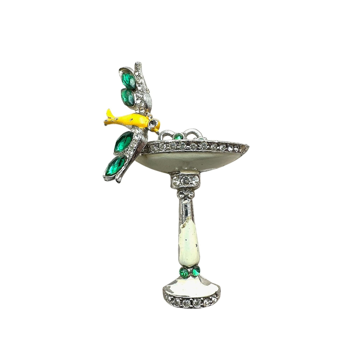 Vintage Antique Art Deco Rhinestone Enamel Silver Pot Metal Bird And Bird Bath