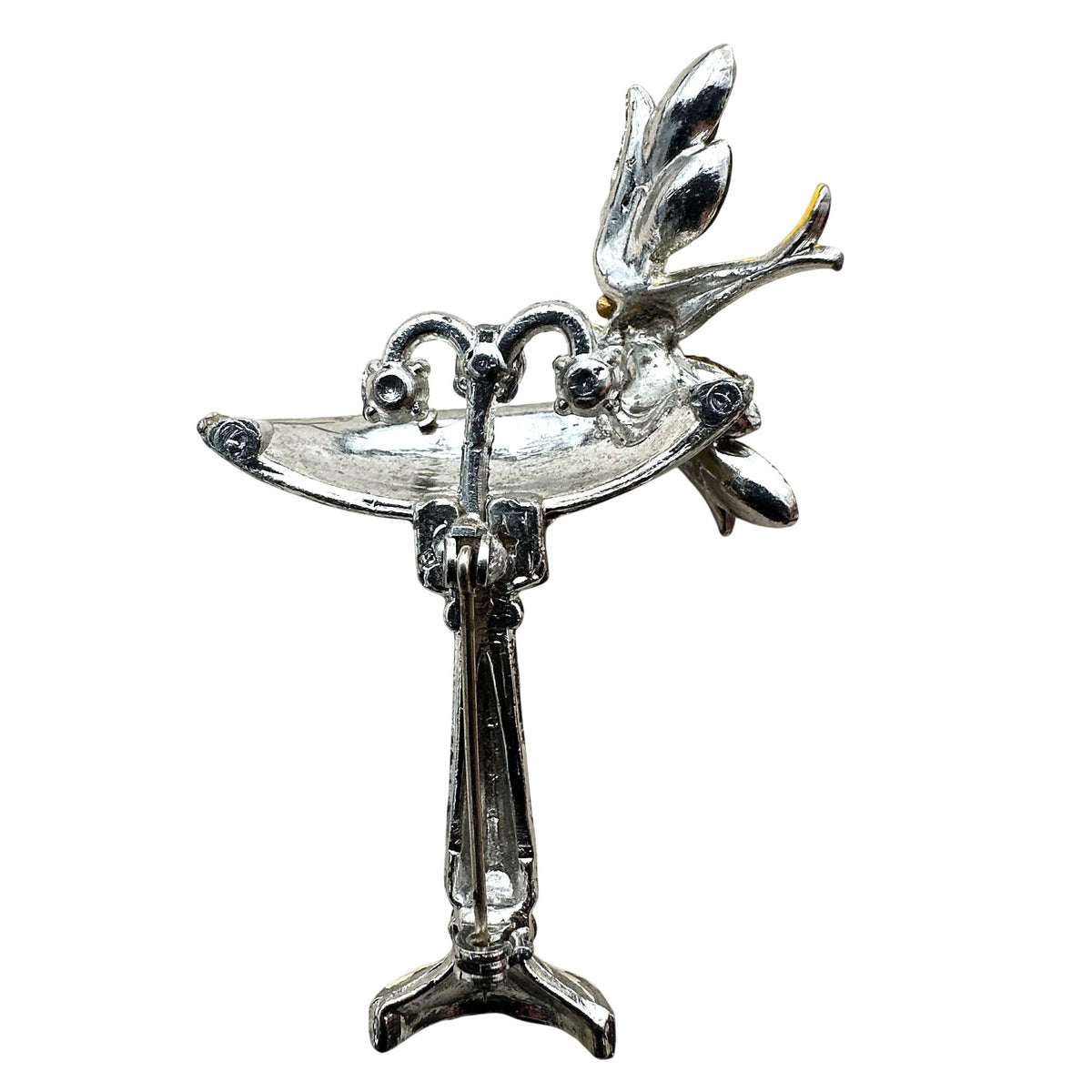 Vintage Antique Art Deco Rhinestone Enamel Silver Pot Metal Bird And Bird Bath