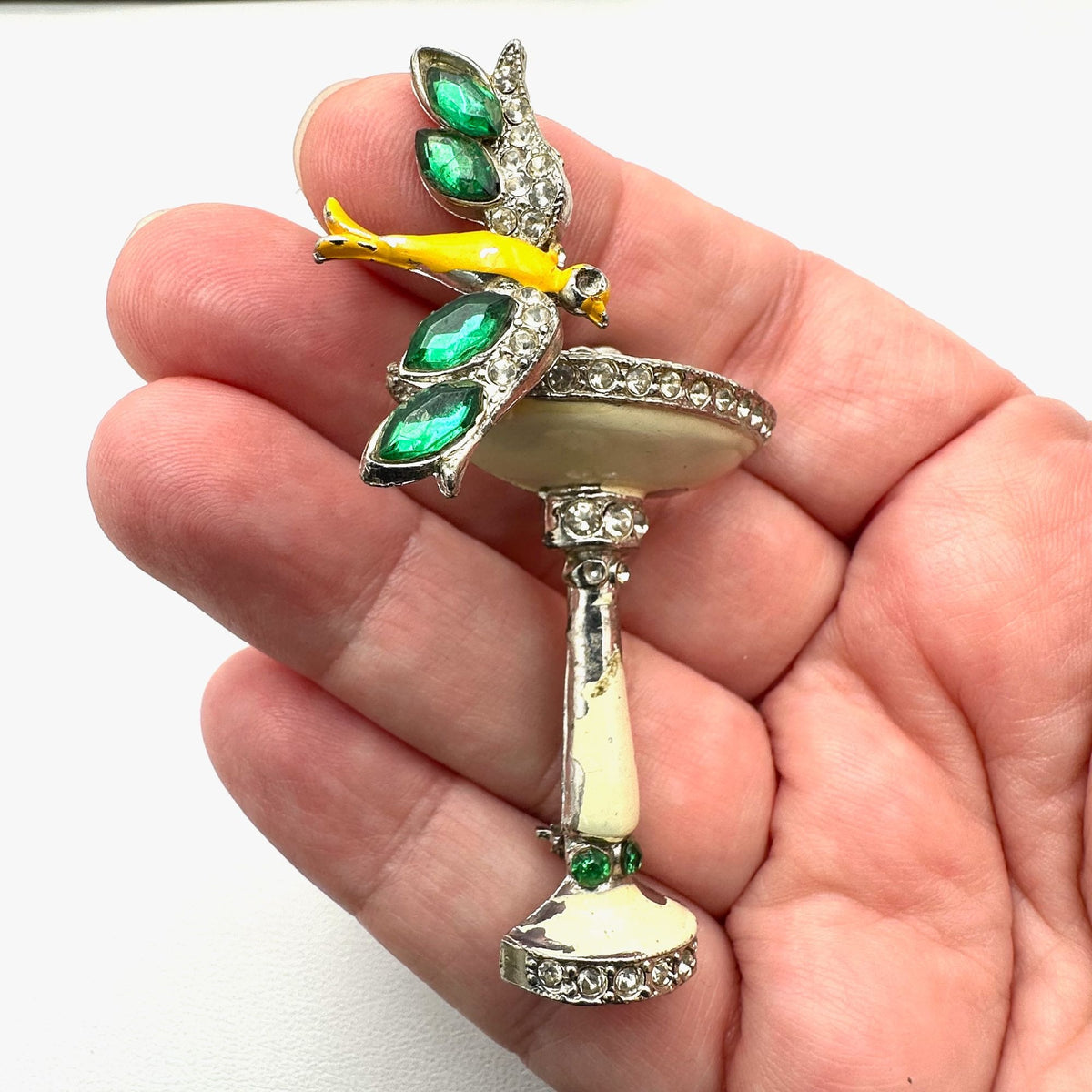 Vintage Antique Art Deco Rhinestone Enamel Silver Pot Metal Bird And Bird Bath