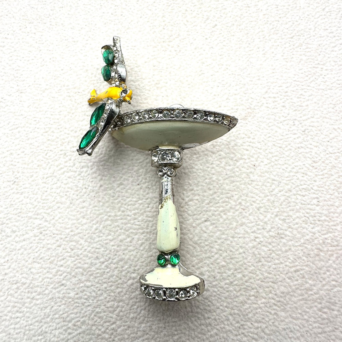Vintage Antique Art Deco Rhinestone Enamel Silver Pot Metal Bird And Bird Bath