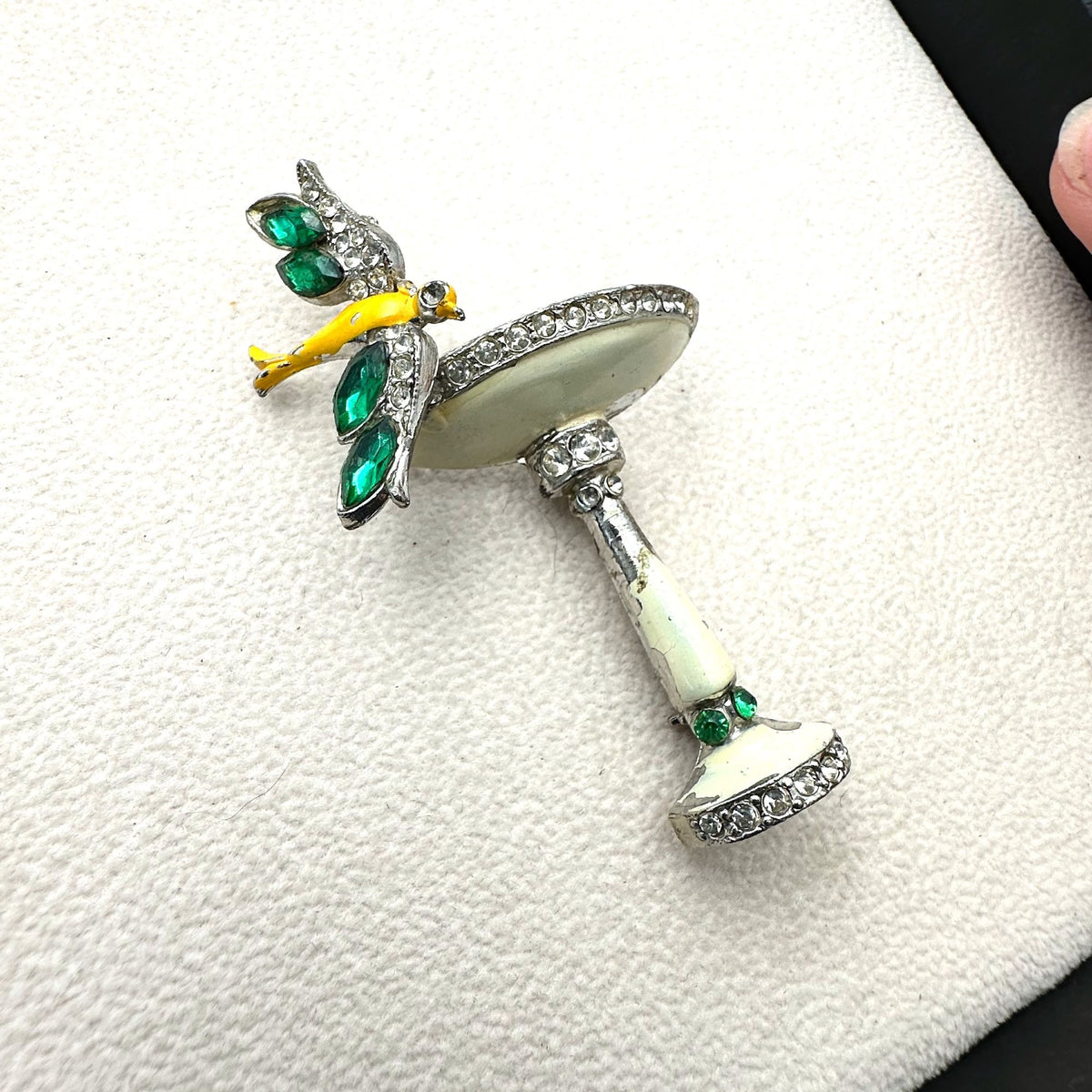 Vintage Antique Art Deco Rhinestone Enamel Silver Pot Metal Bird And Bird Bath