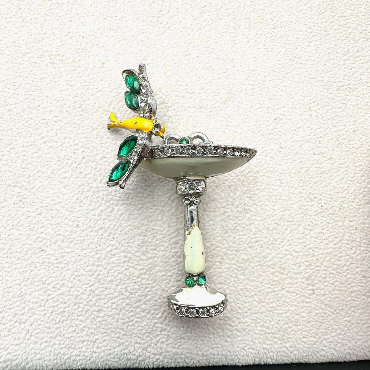 Vintage Antique Art Deco Rhinestone Enamel Silver Pot Metal Bird And Bird Bath