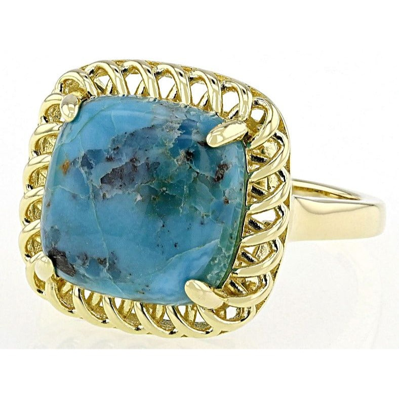Blue Turquoise 18k Yellow Gold Plated Sterling Silver Ring Size 7