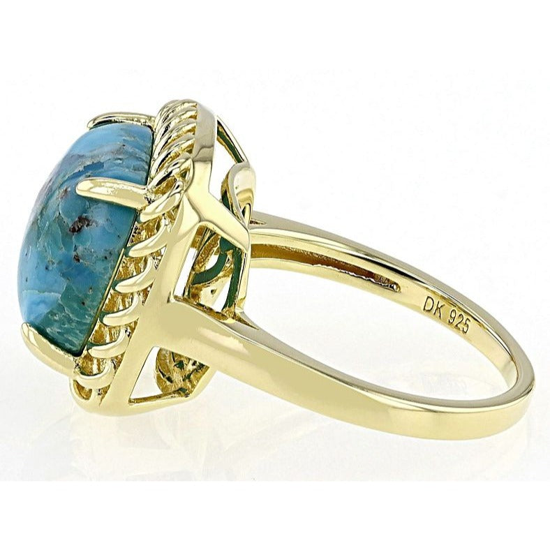 Blue Turquoise 18k Yellow Gold Plated Sterling Silver Ring Size 7