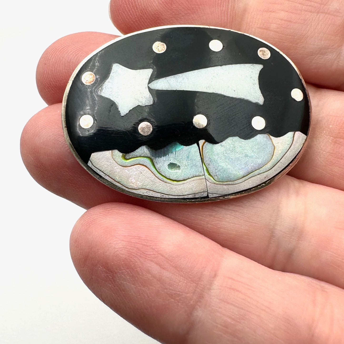 Vintage Mexico Inlay Gemstone Sterling Silver Pin Pendant Shooting Star Design
