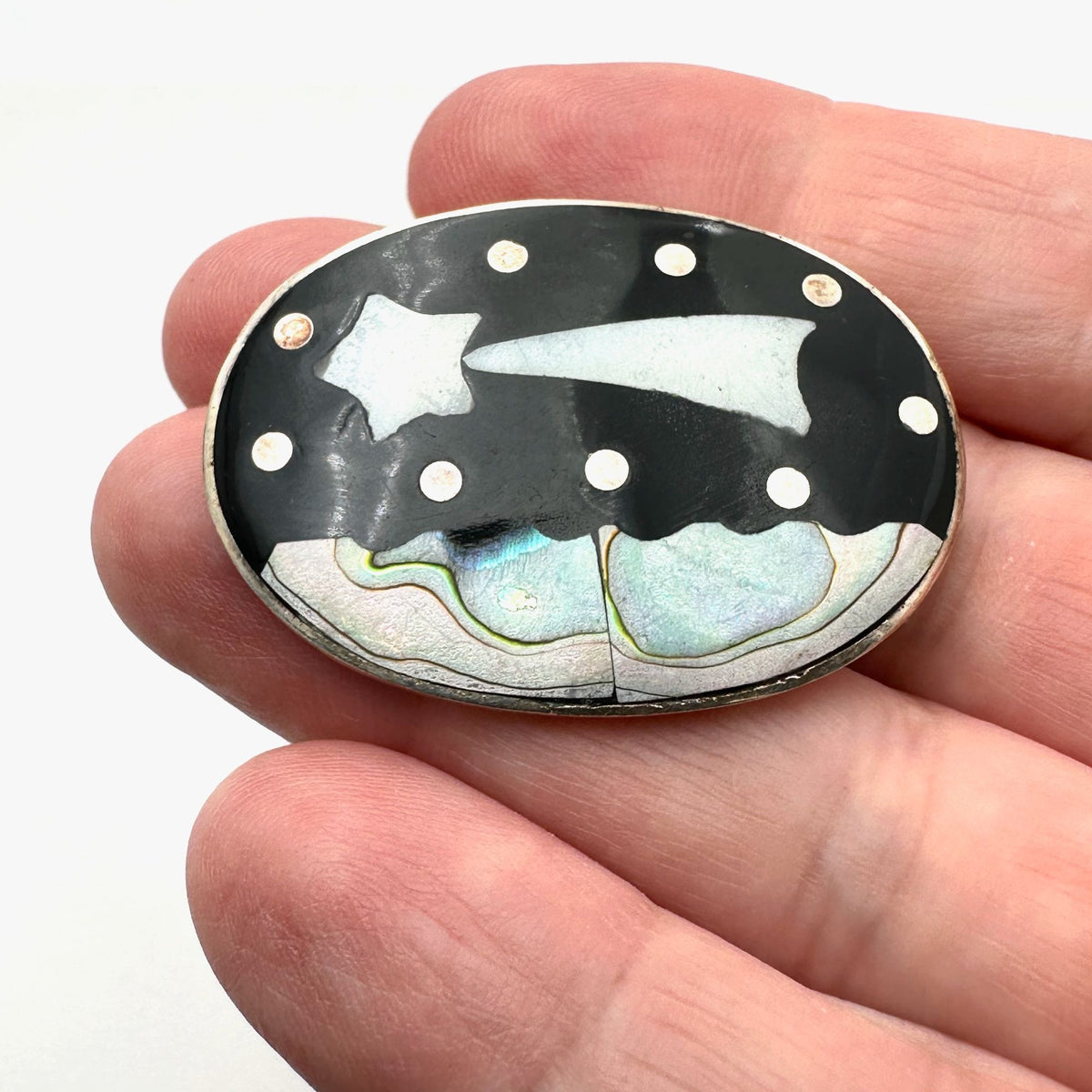 Vintage Mexico Inlay Gemstone Sterling Silver Pin Pendant Shooting Star Design