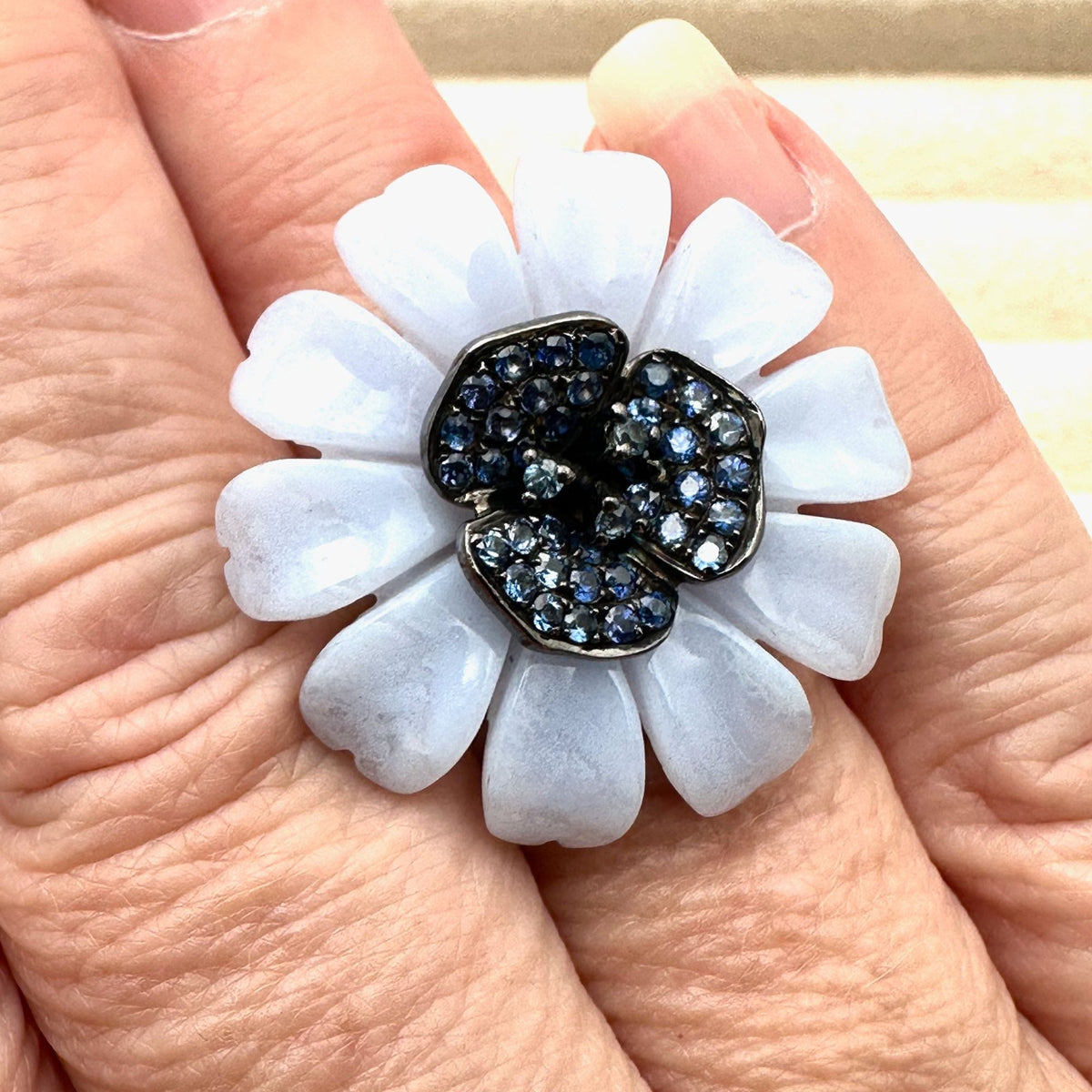 Carlo Viani LeVian Ring Blue Chalcedony Sapphire Sterling Silver Flower Size 6