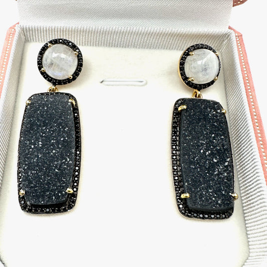 Rarities by Carol Brodie Moonstone Druzy Quartz Black Spinel Earrings Pierced