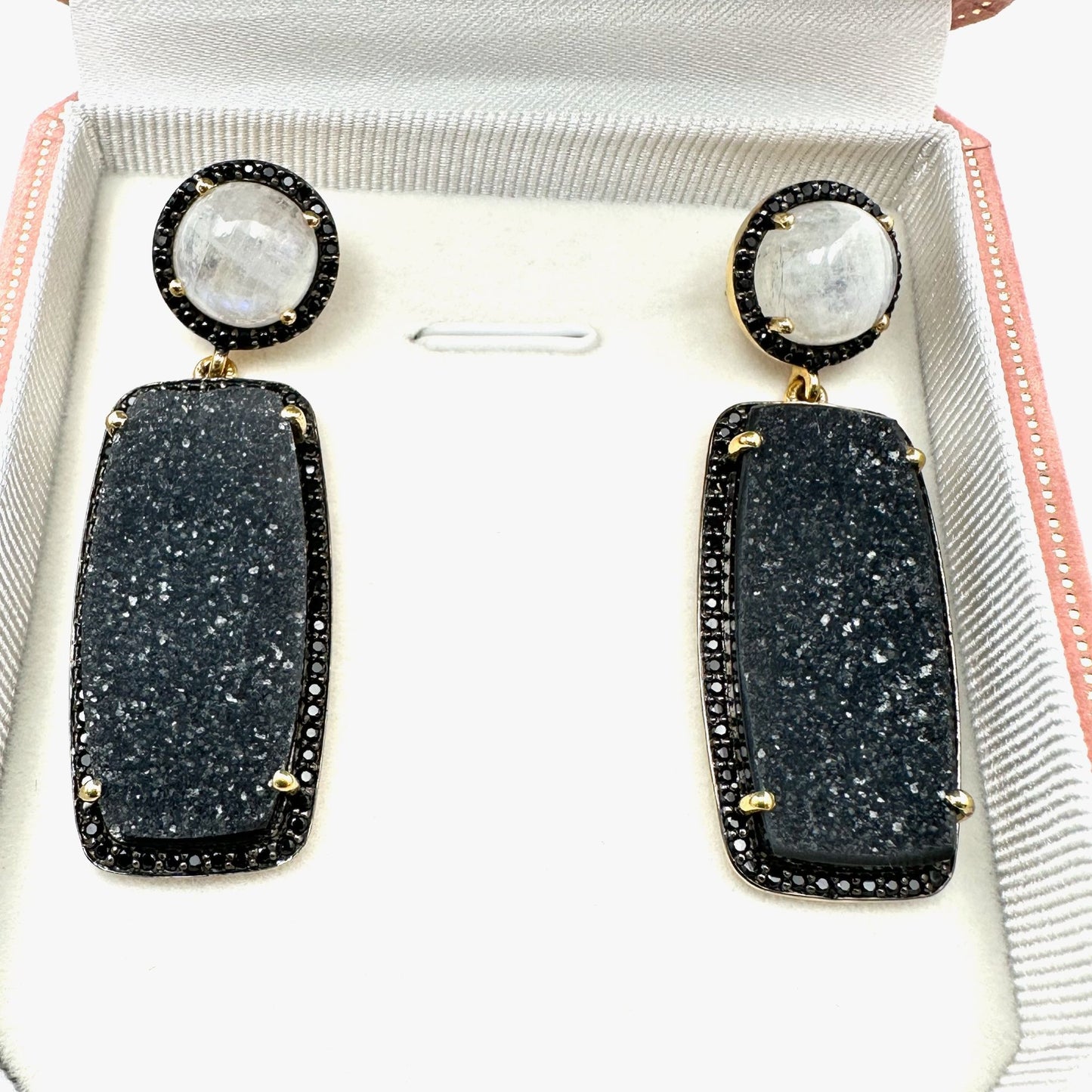 Rarities by Carol Brodie Moonstone Druzy Quartz Black Spinel Earrings Pierced